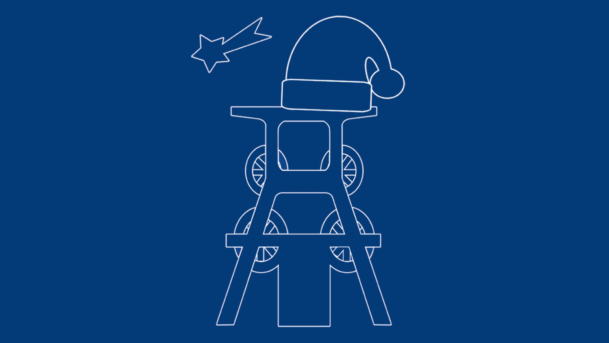 Zeichnung eines Förderturms mit Weihnachtsmütze vor blauem Hintergrund