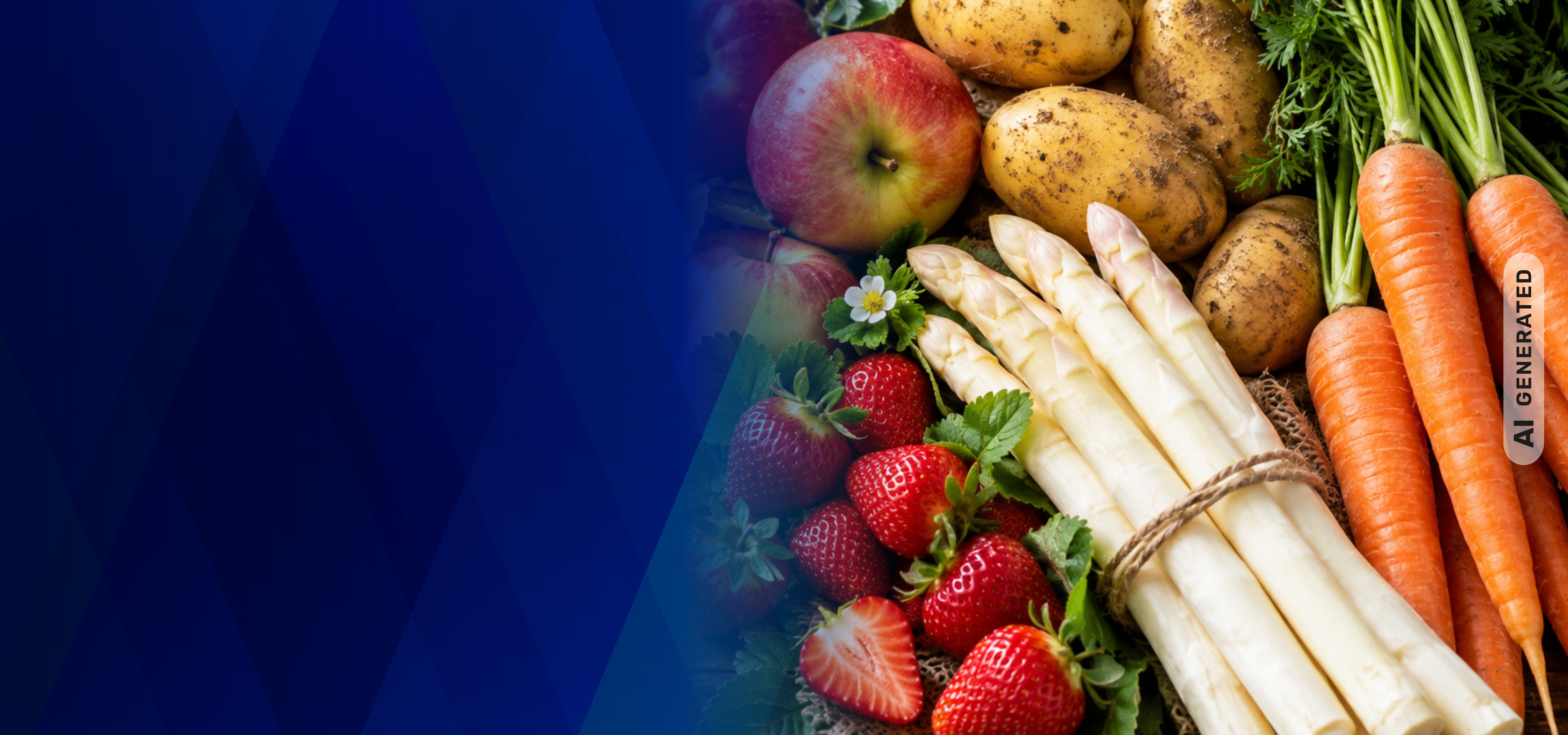 Auswahl aus Kartoffeln, Karotten, Spargel, Erdbeeren und Äpfeln als Beispiele für Sonderkulturen.