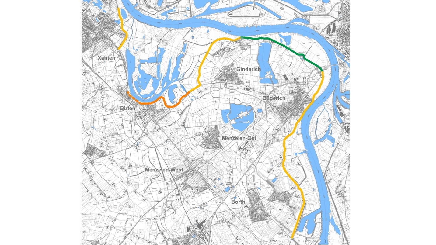 Die Karte zeigt die Rheindeiche im Einwirkungsbereich des Bergwerks Borth. Grün markiert sind nicht betroffene Deiche. Gelb markierte Deiche wurden bereits erhöht. Beim orange markierten Deich wird eine Erhöhung geplant.