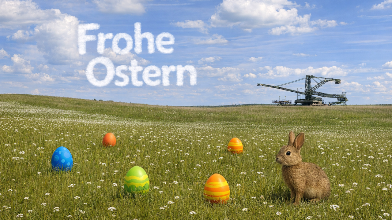 Weitläufige Frühlingswiese unter blauem Himmel mit weißen Wolken. In der Wiese liegen mehrere bunt bemalte Ostereier. Rechts im Vordergrund sitzt ein kleines Kaninchen. Im Hintergrund stehen große industrielle Abbaumaschinen. In der Luft schwebt der Schriftzug ‚Frohe Ostern‘ in wolkenartiger Optik.
