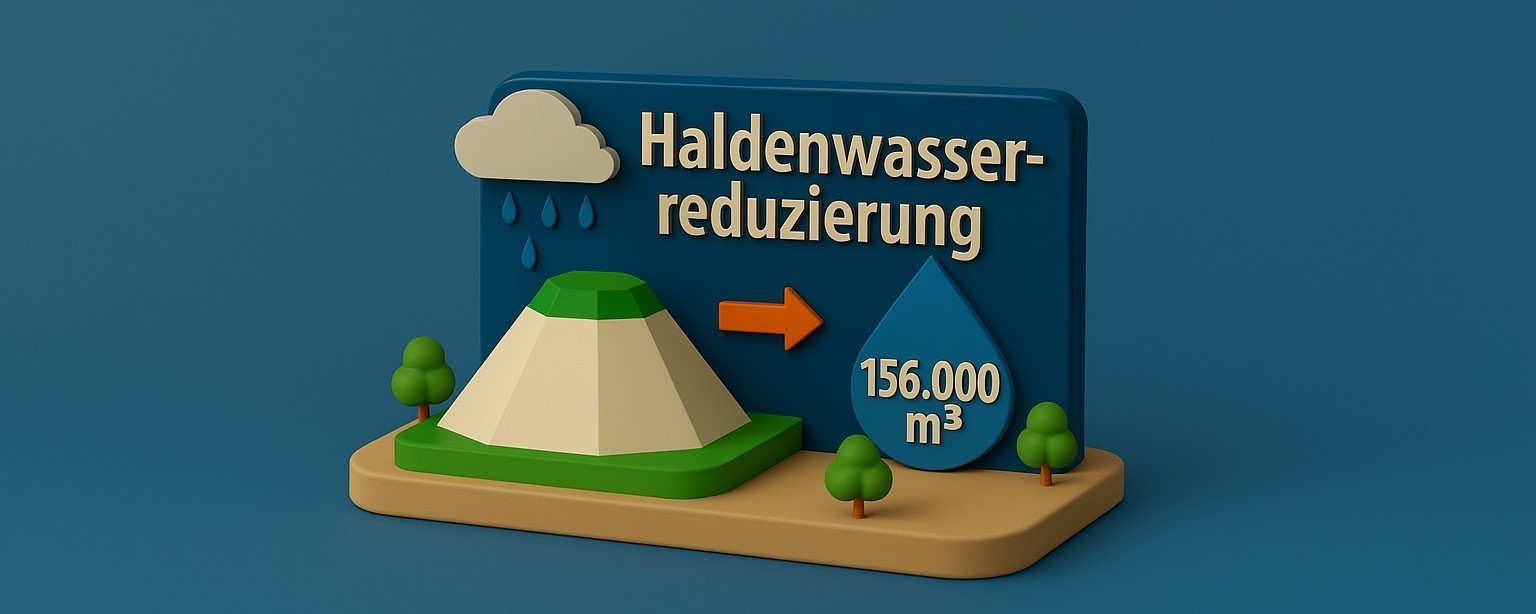 Eine 3D-Illustration mit blauem Hintergrund zeigt eine Halde in Grün und Weiß auf der linken Seite, umgeben von kleinen Bäumen. Darüber befindet sich eine Wolke mit Regentropfen. Rechts daneben zeigt ein orangefarbener Pfeil auf einen großen blauen Wassertropfen mit der Aufschrift „156.000 m³“. Darüber steht der Titel „Haldenwasser-reduzierung“.