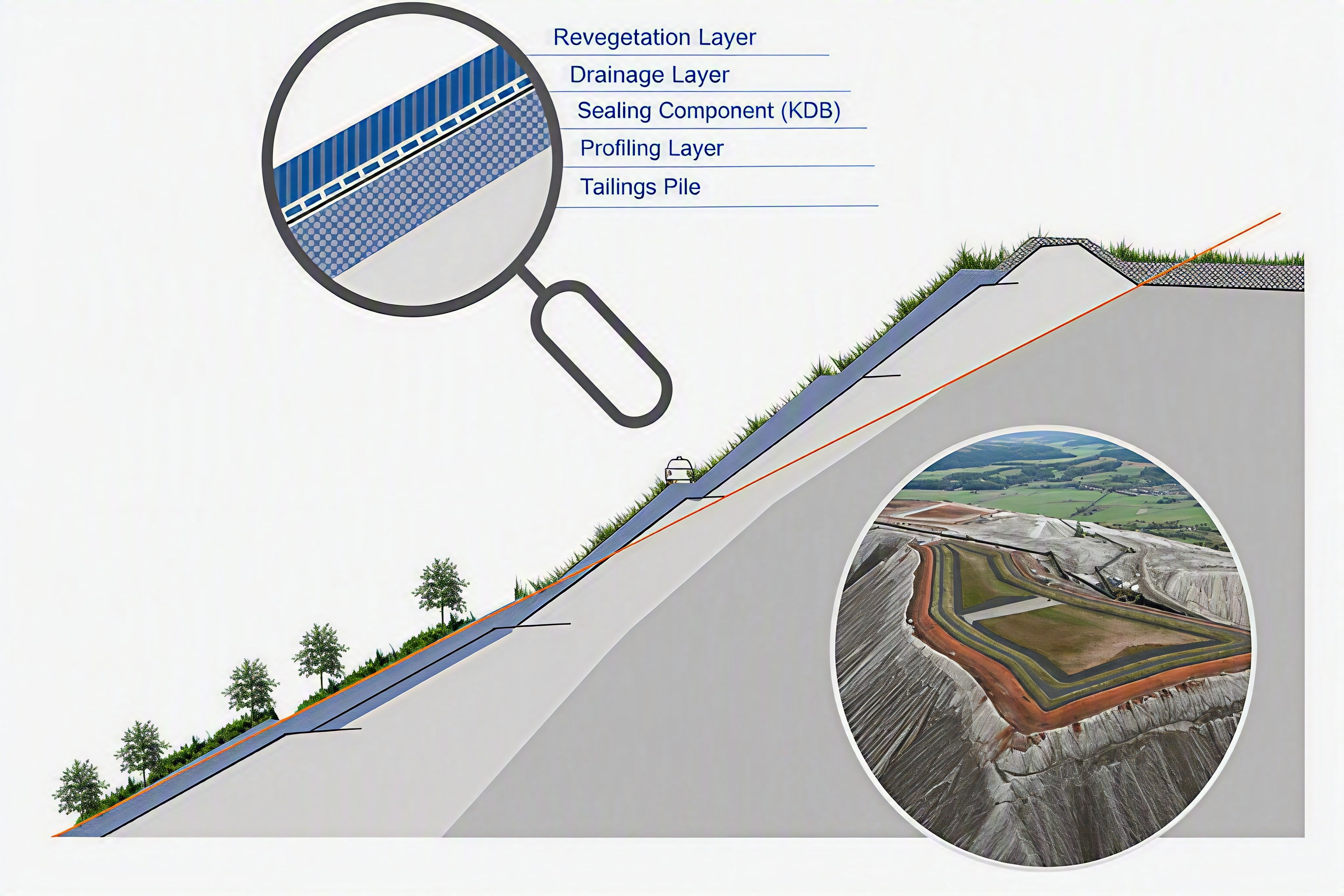 Schematic cross-section of a tailings pile side-slope cover system showing the reclamation layer, drainage layer, sealing component, and tailings pile body. An enlarged detail illustrates the layer structure, complemented by an aerial view of a covered tailings pile area.