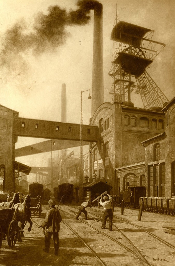 The image depicts a historical industrial site, likely from the late 19th or early 20th century. It features a headframe, factory buildings with smoking chimneys, workers engaged in various tasks, horse-drawn carts, and railway tracks with carts. 