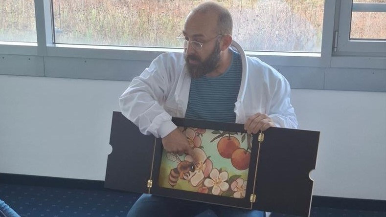 The city beekeeper of Kassel uses kamishibai—a Japanese storytelling theater with lovingly designed picture cards—to explain to children how a bee colony works.