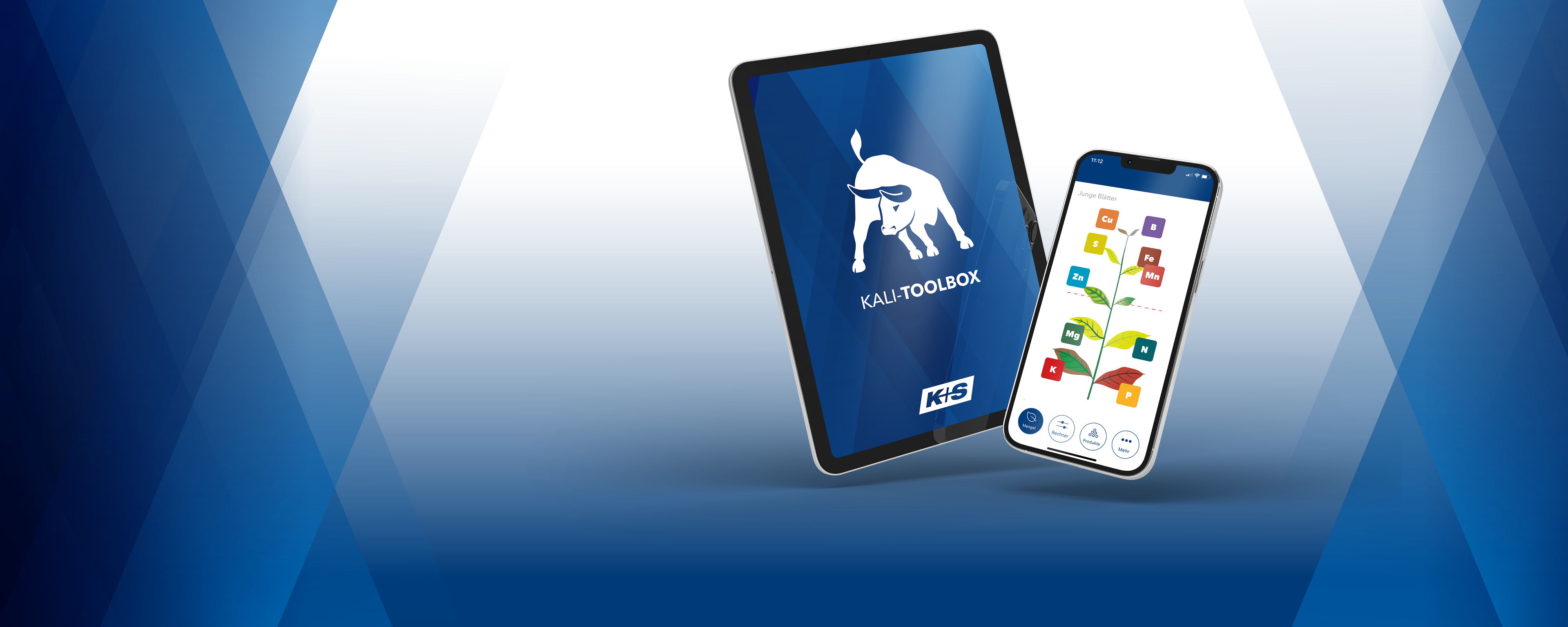 Header zeigt KALI-TOOLBOX App Screens: Splashscreens auf einem Tablet, Mangesymptome erkennen Screen auf einem Smartphone
