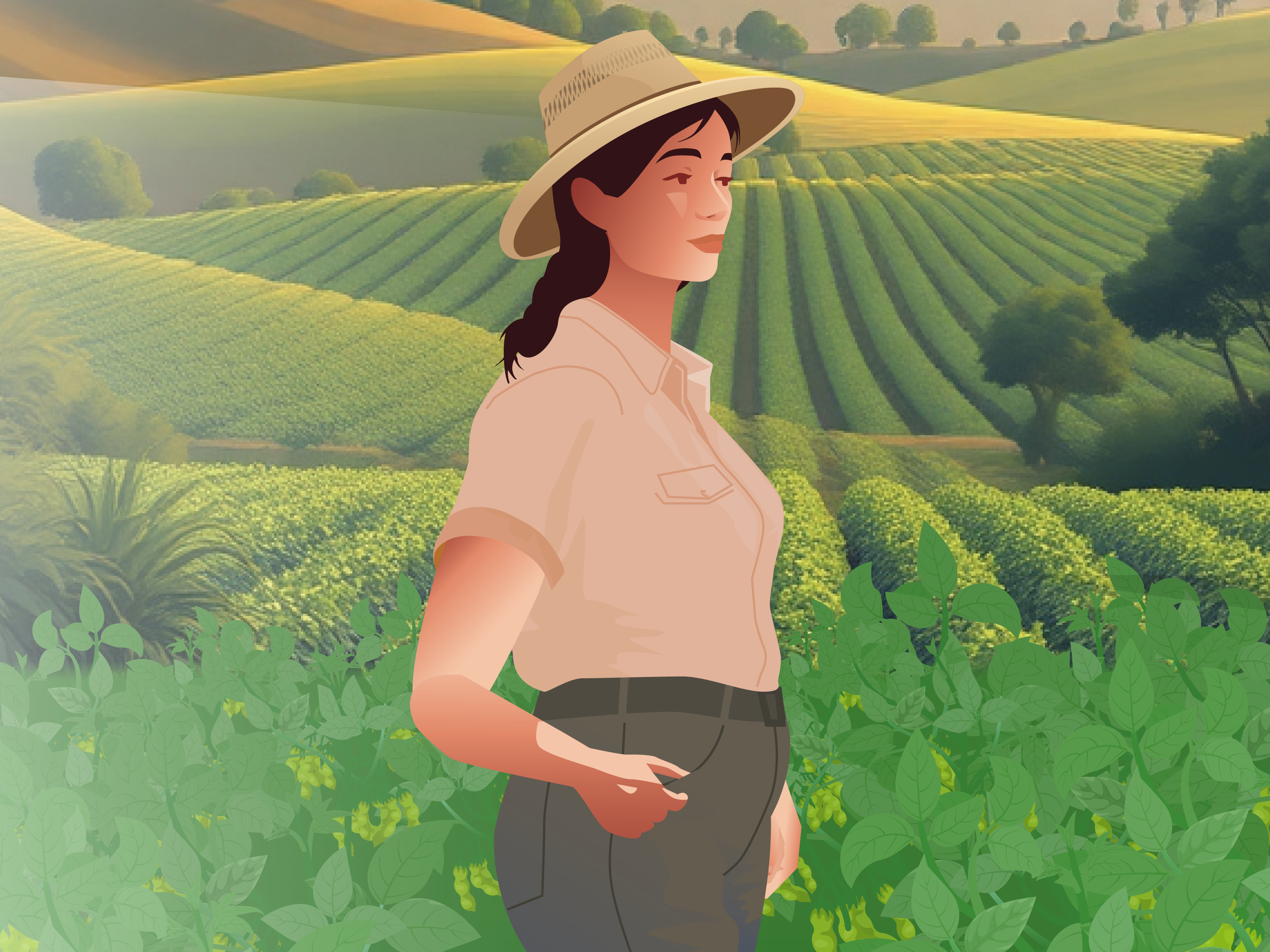 Illustration einer Frau mit Strohhut, die über ein grünes, hügeliges Anbaufeld blickt.