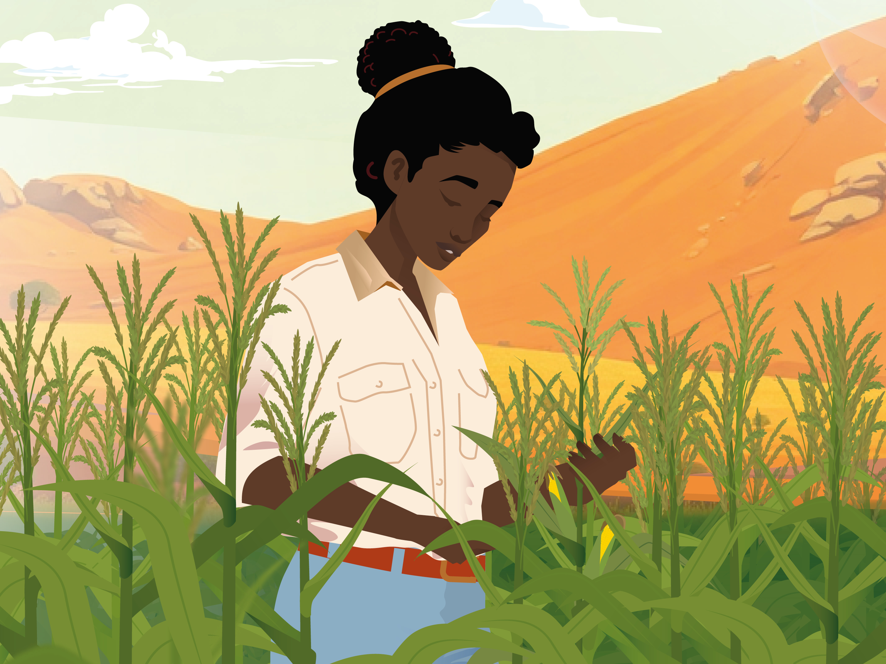 Illustration einer Frau in einem Feld, die Pflanzen untersucht.