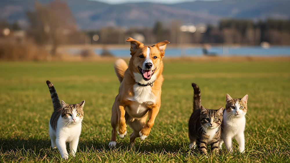 Hund und Katzen rennen auf einer Wiese