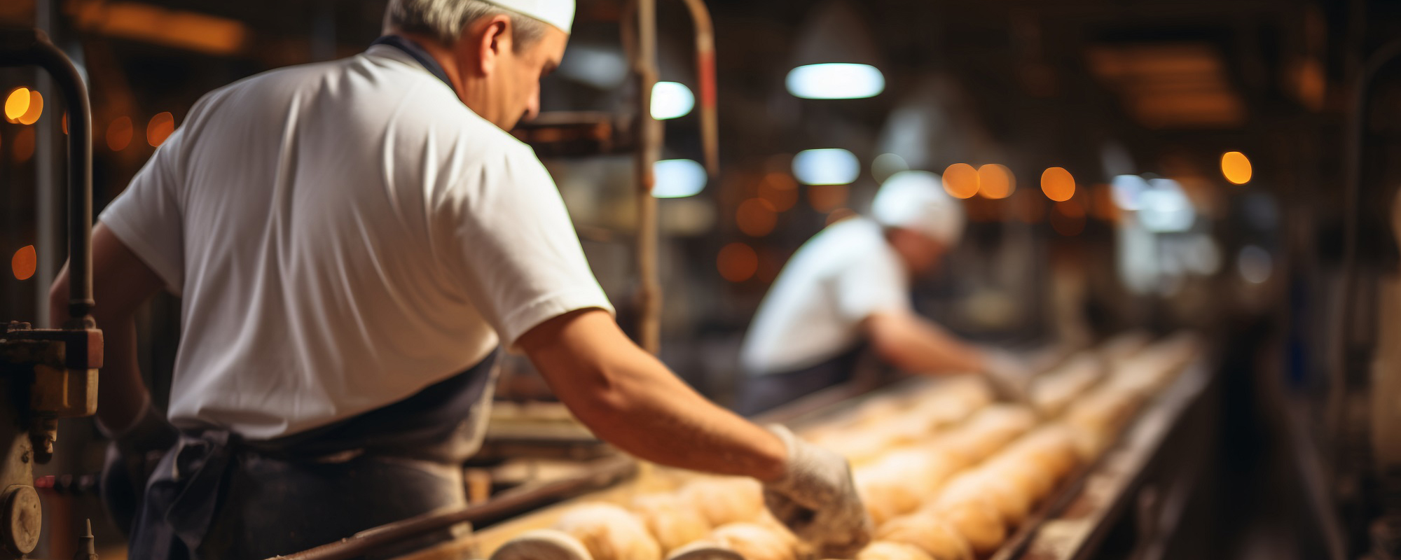 Bäcker in einer Großbäckerei kontrolliert Teiglinge auf einem Förderband, auf dem in mehreren Reihen Brotlaibe liegen.