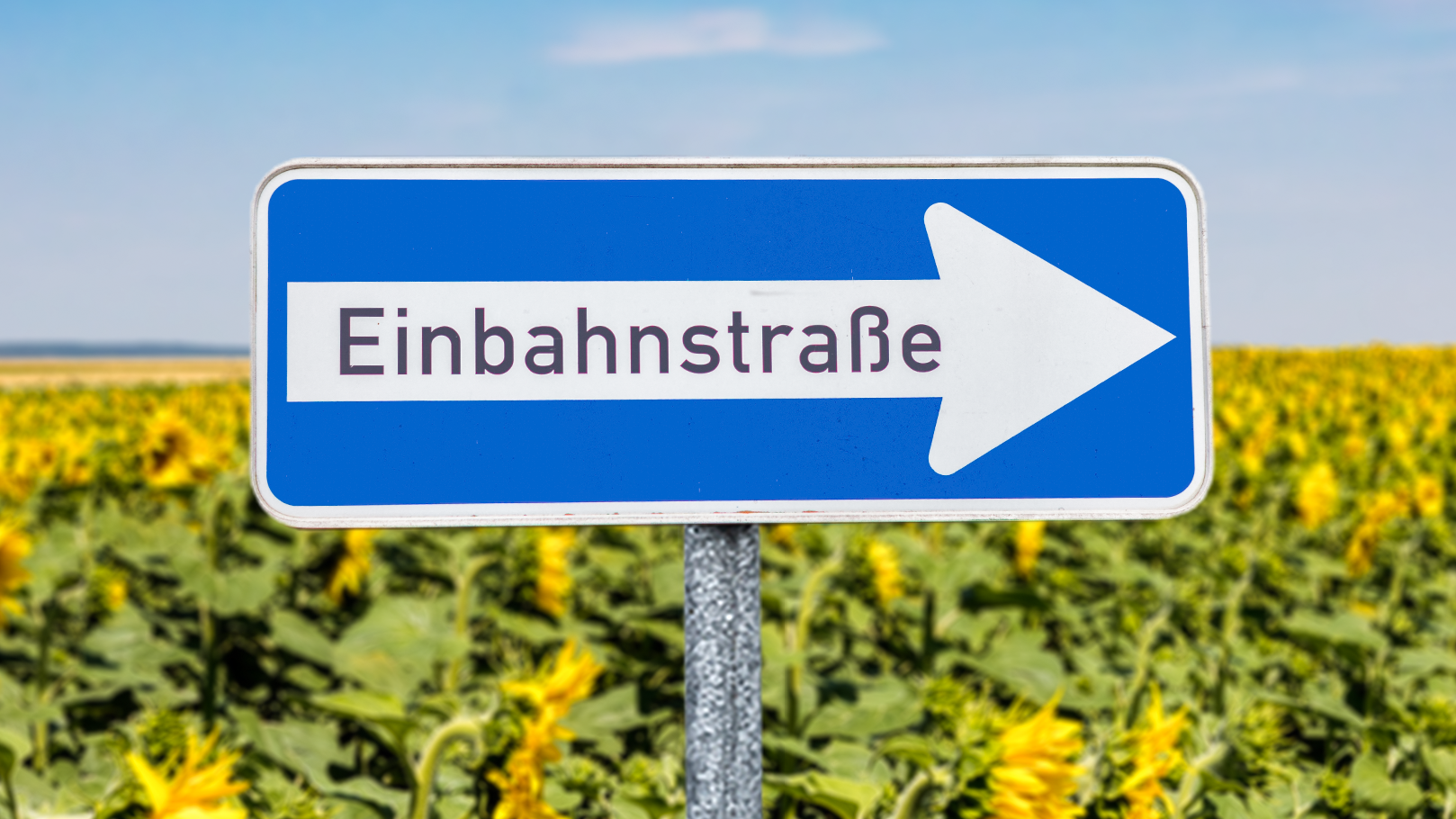 Das Bild zeigt ein blaues Straßenschild mit einem weißen Pfeil nach rechts und der Aufschrift